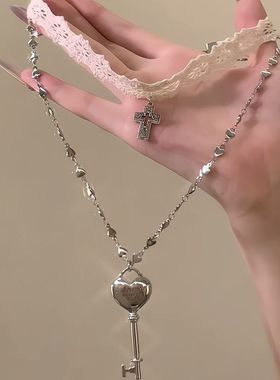 蕾丝十字架爱心钥匙吊坠项链辣妹甜酷个性叠戴锁骨链个性时尚项饰
