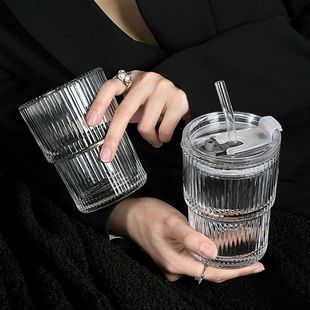 高颜值牛奶咖啡家用喝水办公室冷萃水杯玻璃杯 竖纹ins风竹节杯