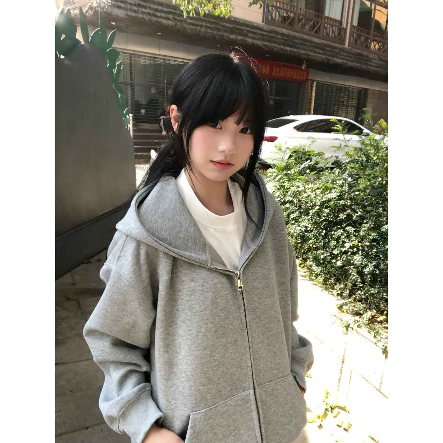 美式灰色连帽卫衣外套春秋冬季拉链开衫男女宽松休闲百搭学生上衣