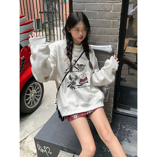 纯棉卡通美式 宽松中学生上衣 复古圆领卫衣女春秋冬季 加绒2025新款