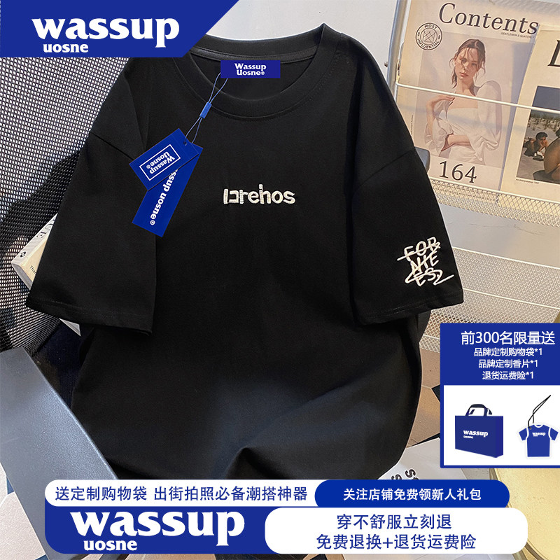 WASSUP美式高街潮牌青少年刺绣短袖t恤男士2026新款夏季纯棉上衣