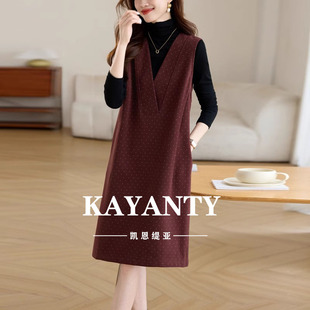 連衣裙媽媽春秋季 KAYANTY馬甲裙新秋冬氣質(zhì)夾棉無(wú)袖 毛呢背心裙子