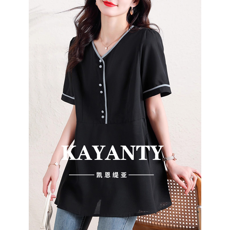 KAYANTY法式上衣中长款雪纺衬衫大码女装夏季胖mm洋气质宽松小衫