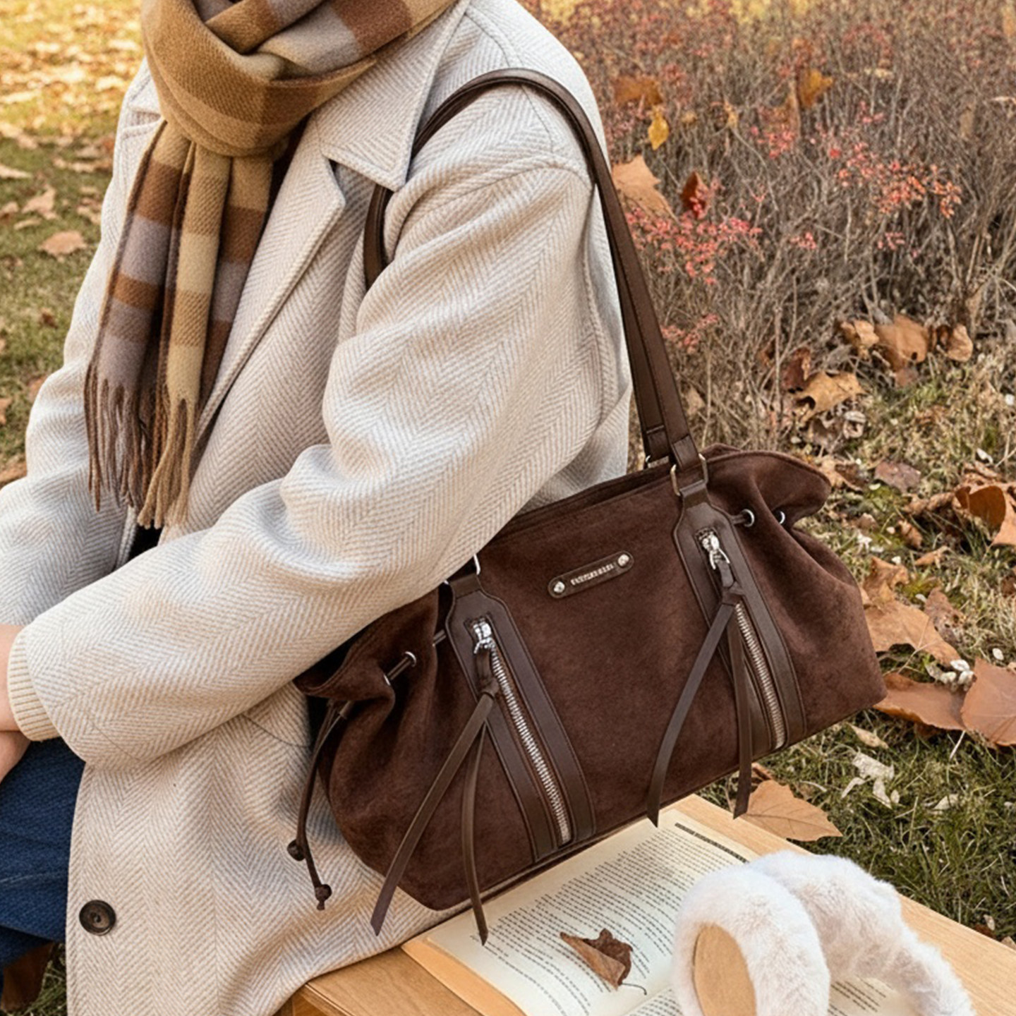 美拉德棕色麂皮大容量通勤单肩包