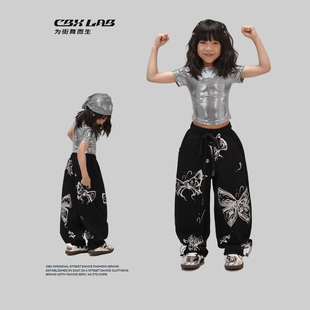 CBXLAB儿童街舞潮牌黑色蝴蝶印花长裤 街头嘻哈跳舞运动潮 JAZZ美式