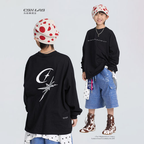 CBXLAB儿童街舞潮牌黑色星月标语印花宽松长袖美式休闲慵懒hiphop