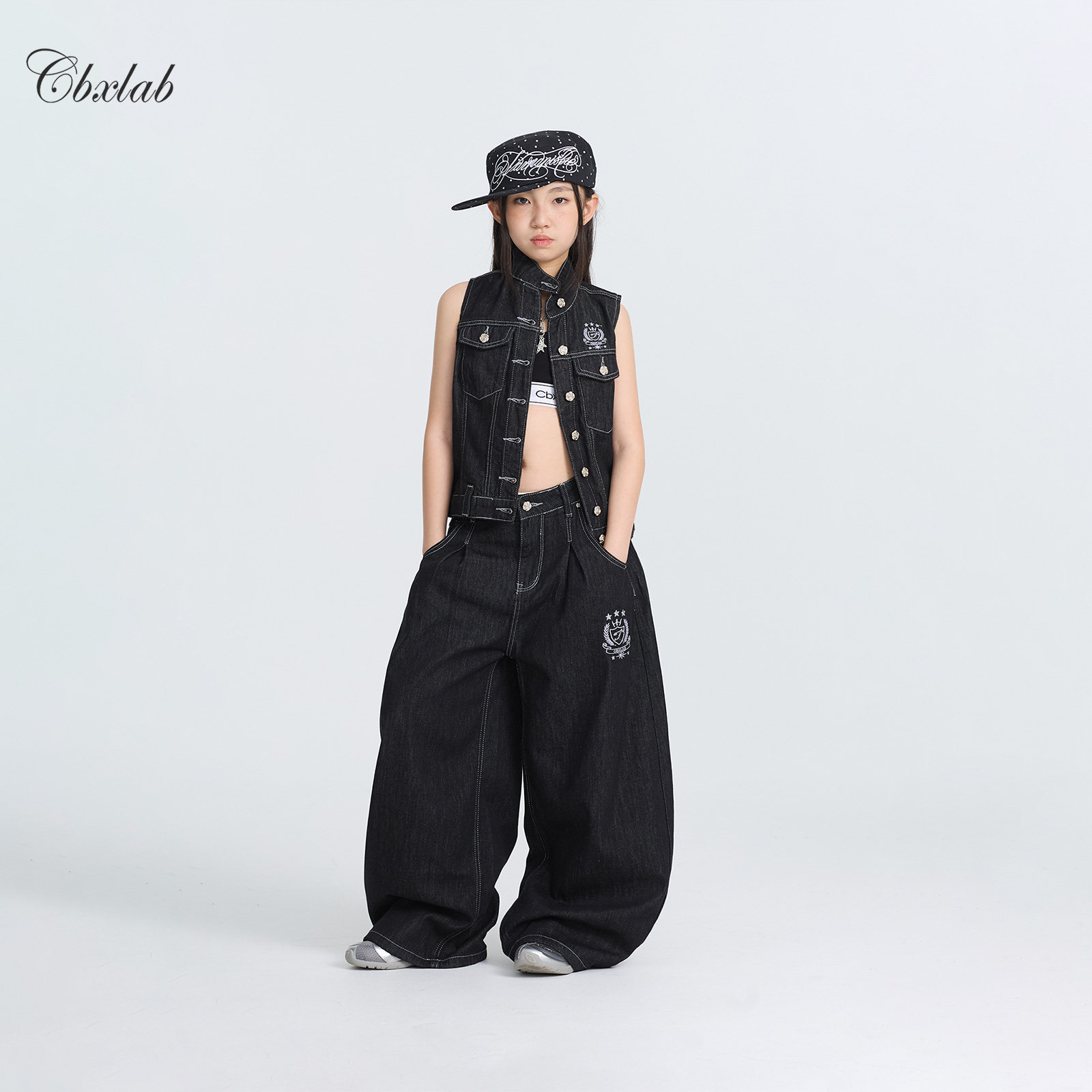 CBXLAB儿童街舞潮牌老钱宽松JAZZ长裤复古刺绣百搭编舞牛仔马甲潮图片