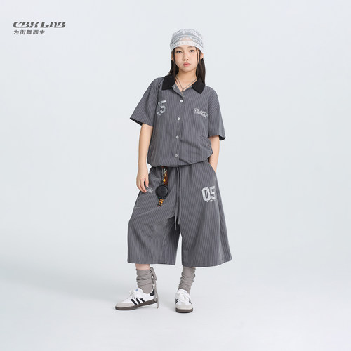 CBXLAB儿童街舞潮牌银线老钱条纹衬衫街头酷帅嘻哈百搭个性上衣潮