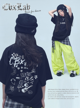 CBXLAB儿童街舞潮牌高棉烫银涂鸦圆领大T黑色美式街头hiphop运动