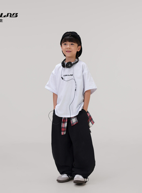 CBXLAB儿童街舞潮牌嘻哈男童女童演出服套装白色T恤黑色运动裤