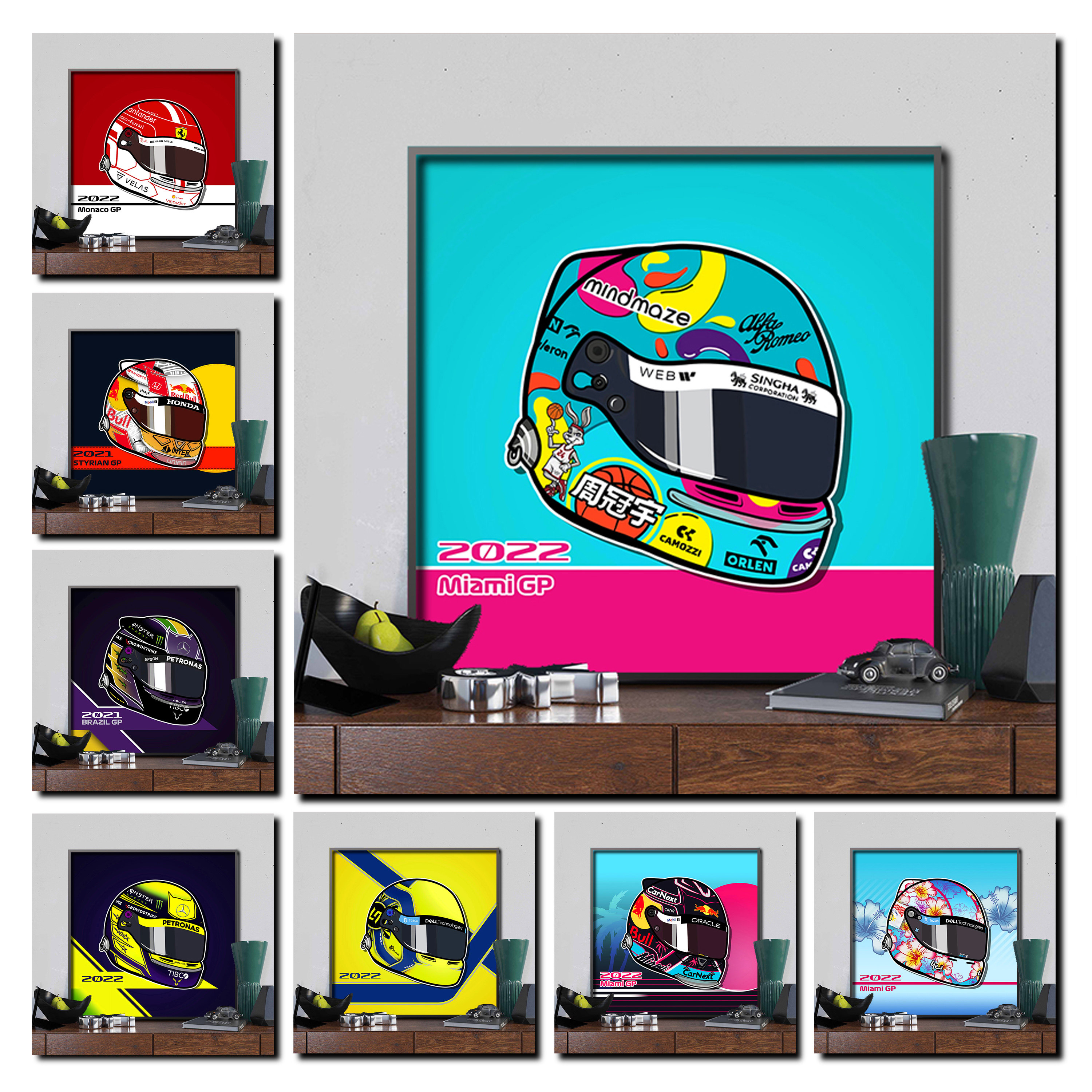 f1赛车挂画汉密尔顿周冠宇卡通车手头盔装饰画海报周边电竞房壁画