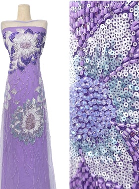 高端重工艺亮片立体花紫色礼服面料手工钉珠奢华晚礼服布料批发