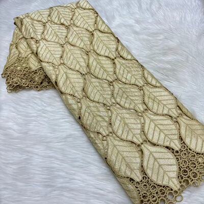 新款水溶蕾丝面料金色叶子绣花镂空高端婚纱礼服布料guipure lace