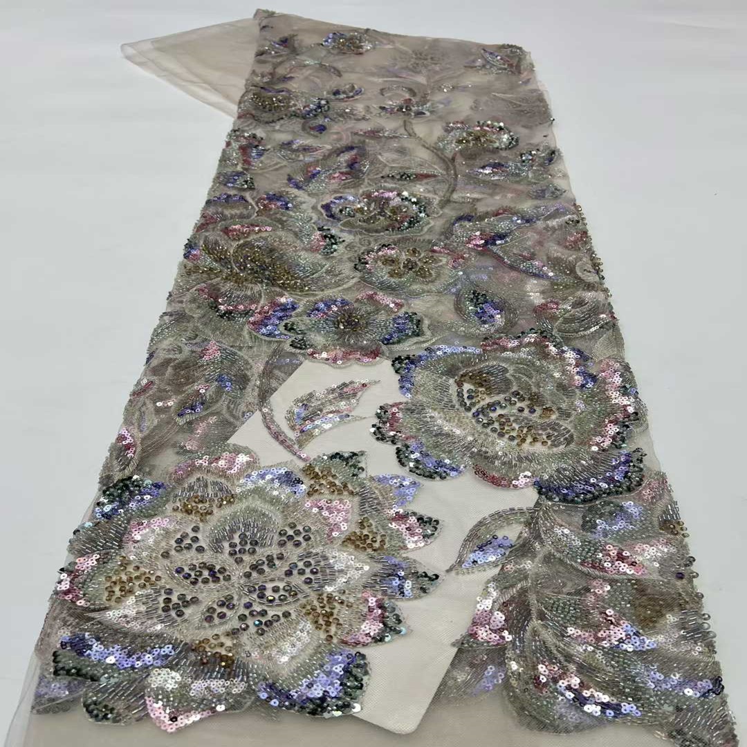 高档珠管绣面料立体珠管花朵亮片刺绣网纱布料礼服旗袍手工DIY