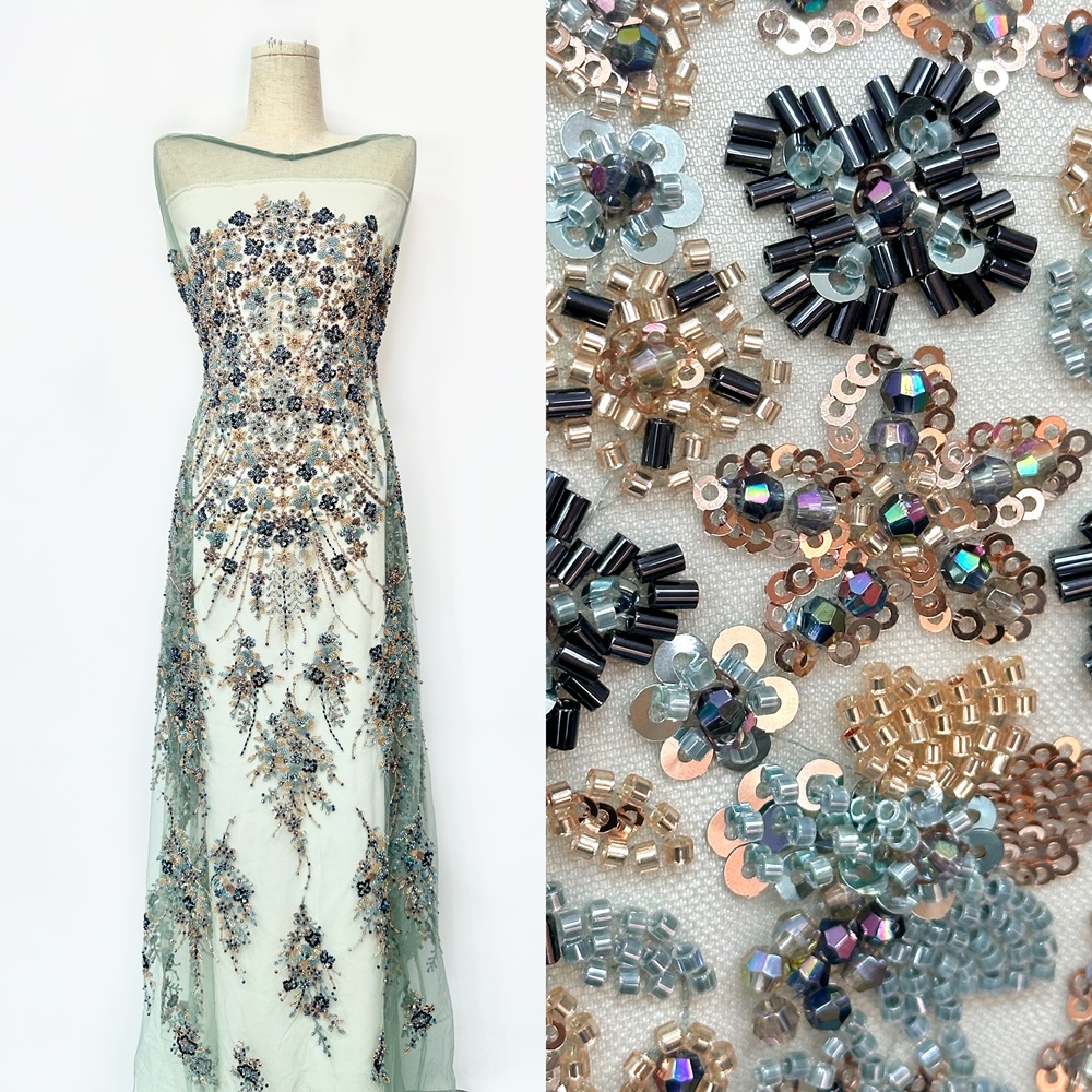 奢华钻石珠管绣亮片绣网纱布料婚纱礼服舞台服连衣裙绣花面料bead