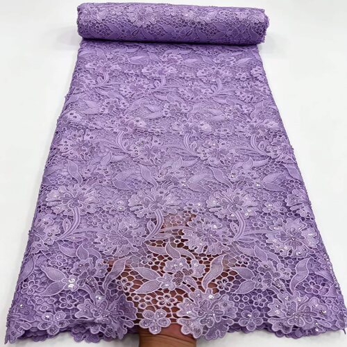 新款高档水溶蕾丝珠子刺绣花朵面料紫色婚纱礼服布料guipure lace