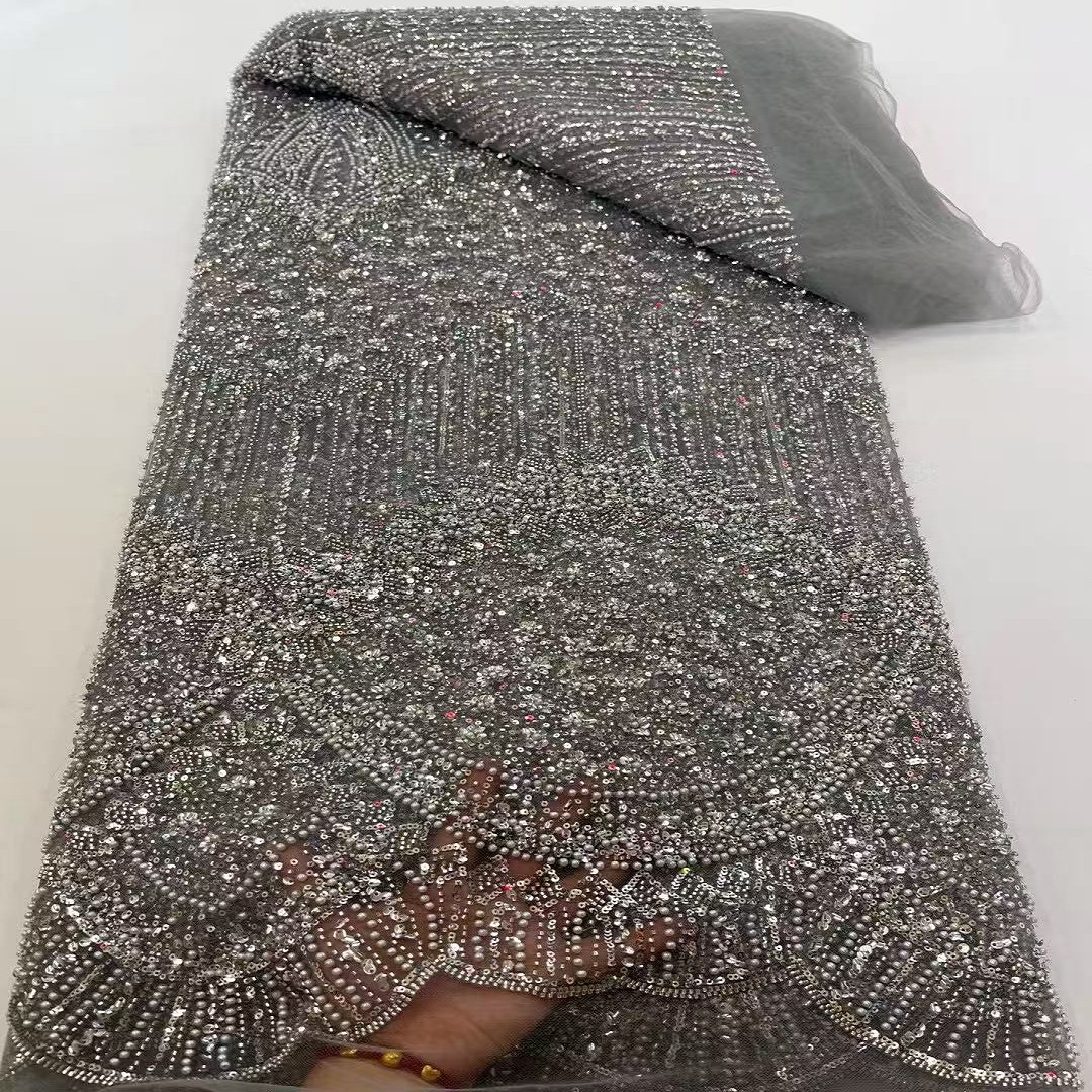 重工珠管亮片绣网纱布料婚纱礼服舞台服连衣裙绣花面料 5码lace