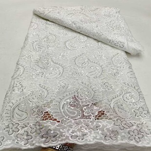 高级法式蕾丝激光雪纺珠绣面料白色绣花亮片婚纱礼服连衣裙布料