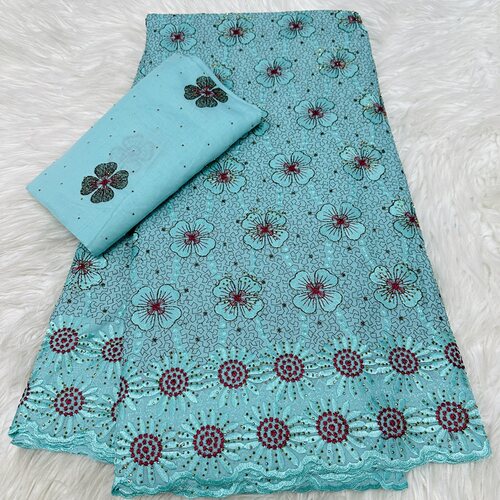 5+2码外贸精美烫钻纯棉刺绣布料礼服头巾African cotton lace