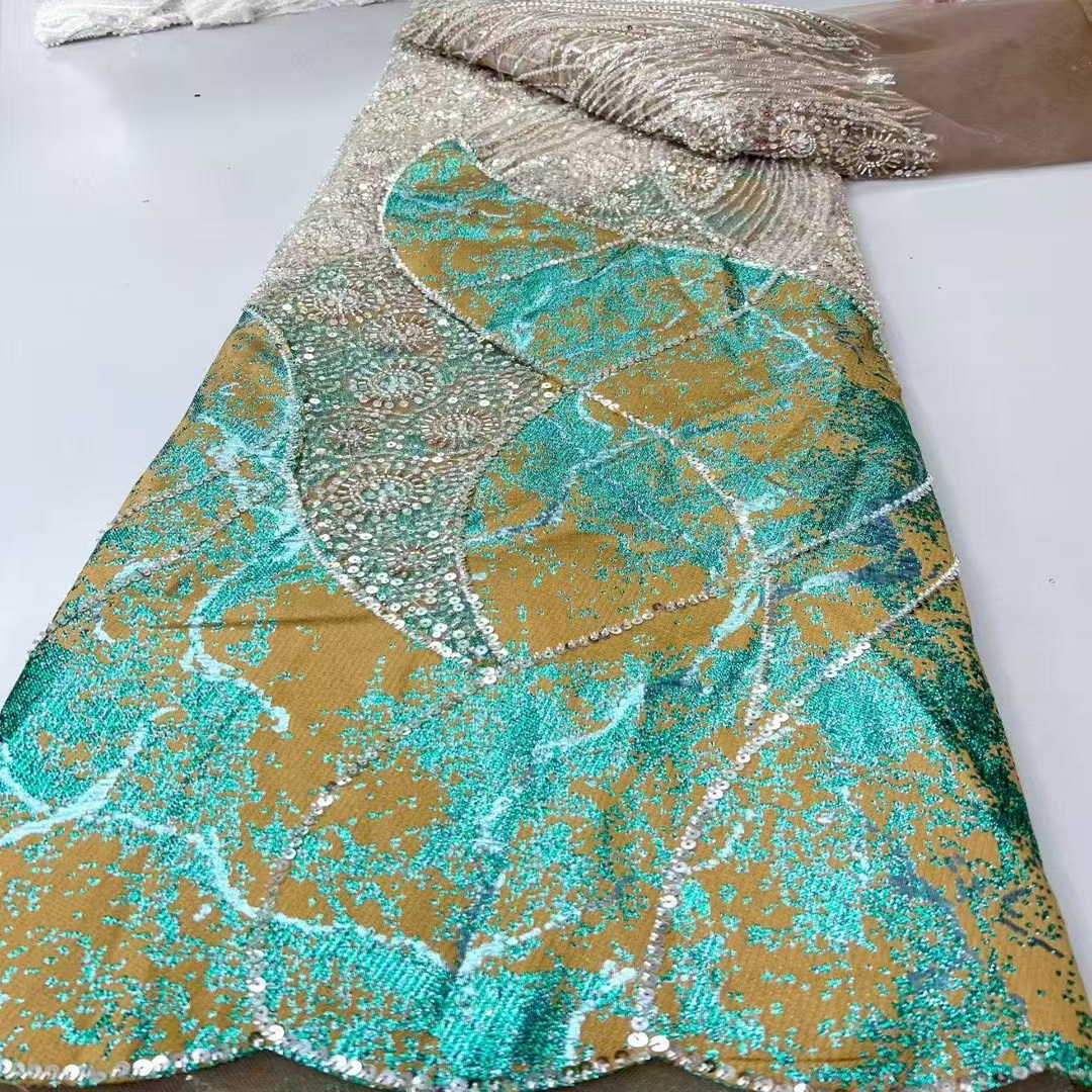 重工亮片绣网纱面料刺绣珠片婚纱礼服布料高定轻奢服装面料批发