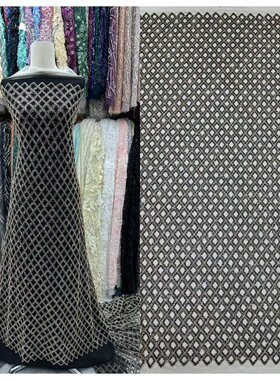 重工满幅烫钻蕾丝面料黑色菱格纹高定礼服裙布料奢华女装beads