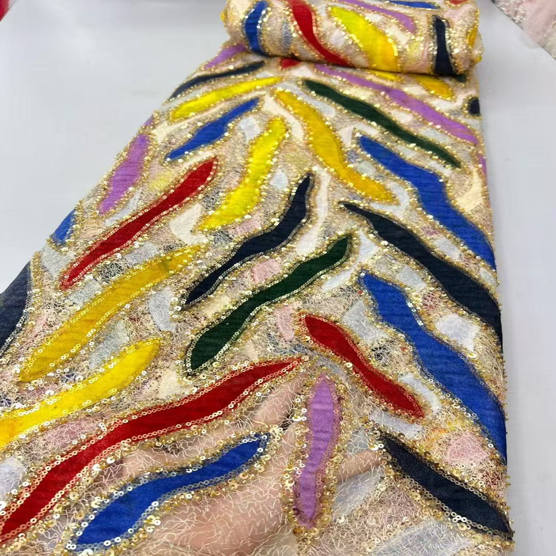 乱纹蕾丝底彩色亮片绣网纱面料珠管刺绣布料连衣裙礼服制作布料