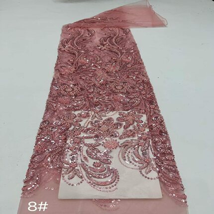 粉色网纱面料重工珠管珠片刺绣亮片绣花蕾丝礼服婚纱布料beads