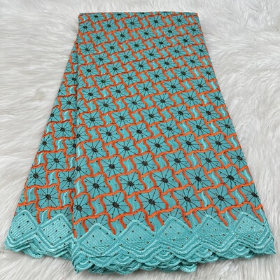 新款非洲刺绣棉布精美绣花布烫钻蕾丝面料连衣裙 5yards cotton