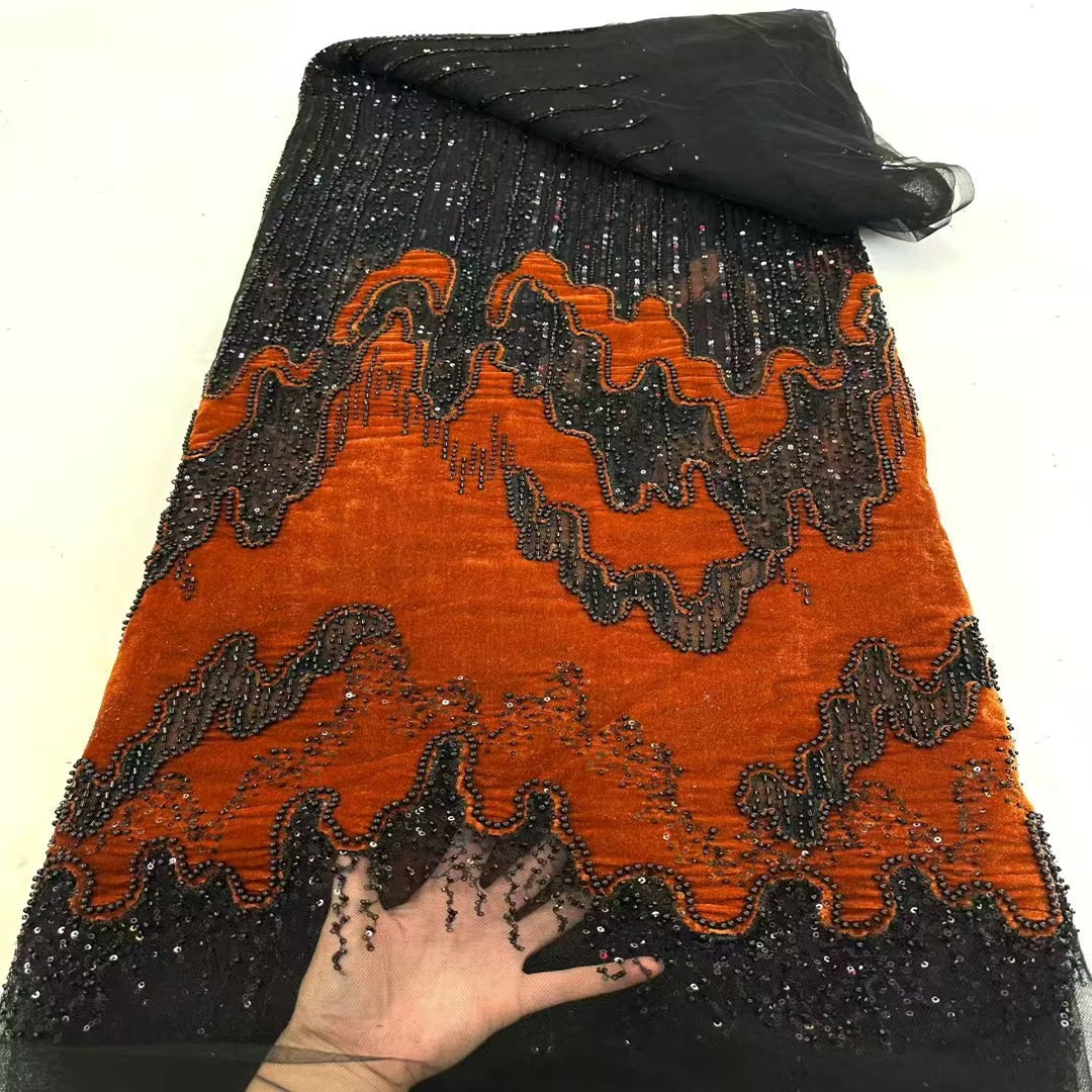 重工珠管亮片绣黑色网纱绒布面料刺绣婚纱礼服连衣裙布料批发lace