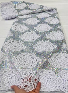 新款重工水溶蕾丝亮片绣面料非洲婚纱礼服女装珠片装饰布料lace