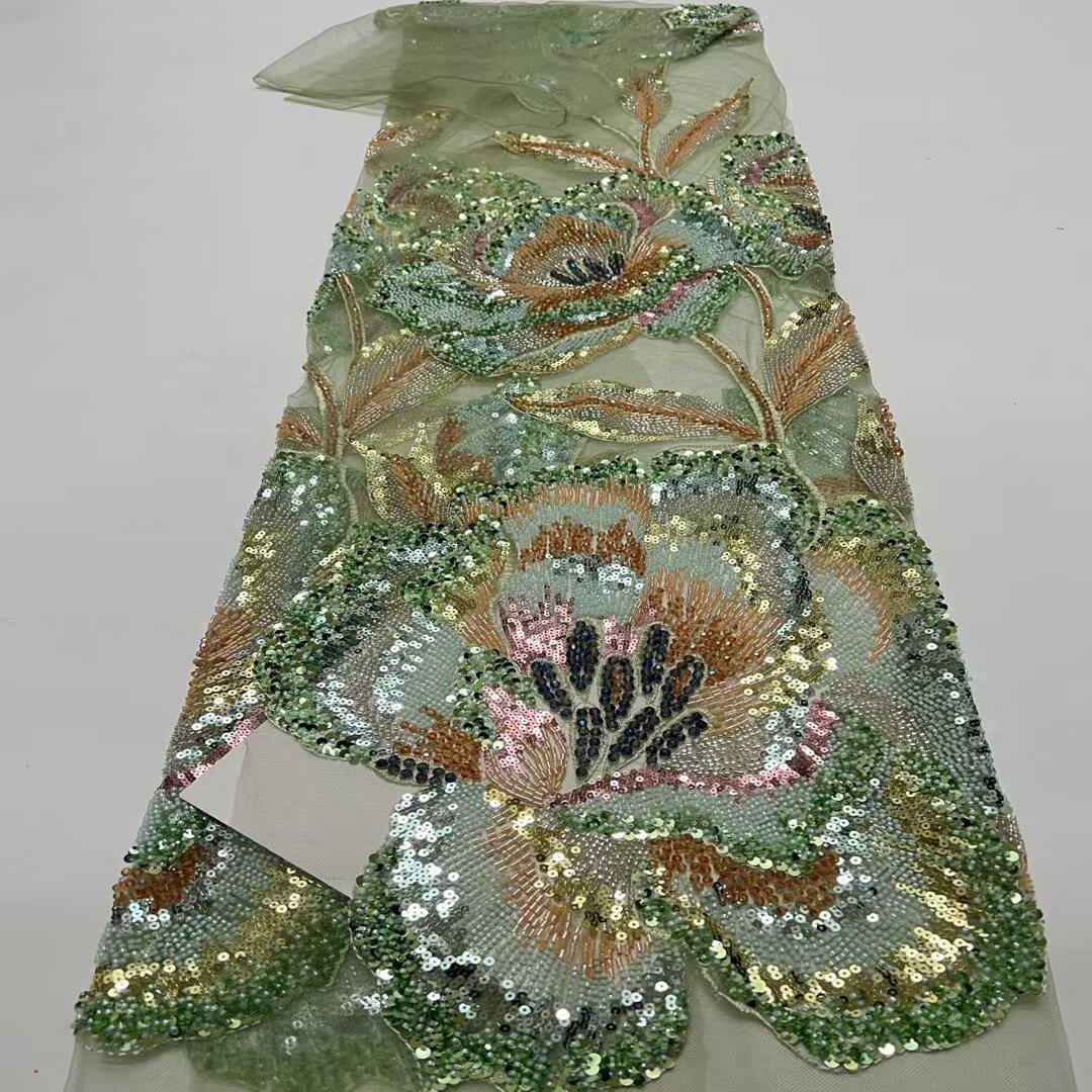 重工立体大花珠管亮片绣网纱面料高档礼服婚纱布料 beads lace