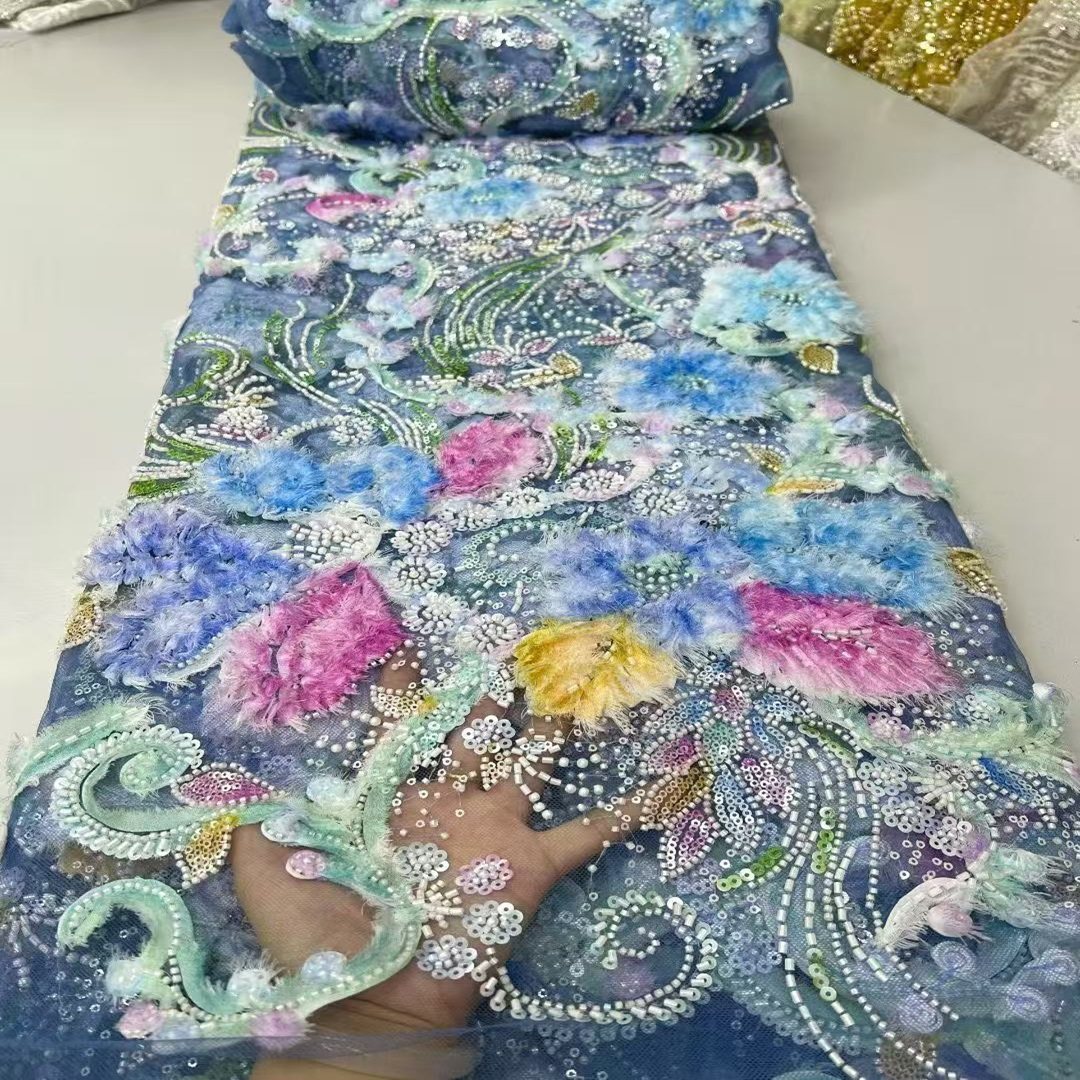 重工立体花蕾丝面料珠管绣亮片绣婚纱礼服设计师服装布料厂家直销