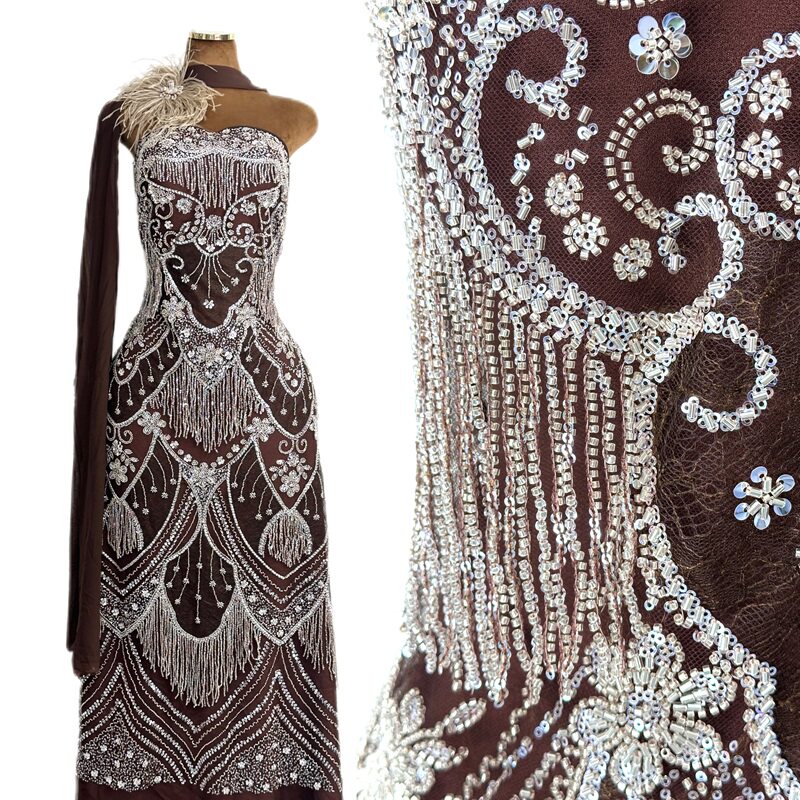 重工激光流苏珠管绣蕾丝面料婚纱礼服演出服奢华风布料beads lace
