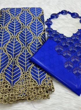 蓝色叶子刺绣蕾丝面料2.5Y+巴赞布套装2.5Y bazin cotton厂家直销