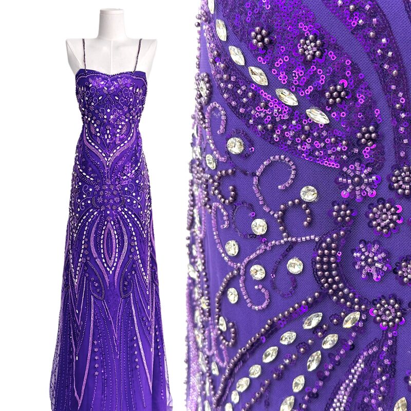 重工珠管刺绣面料烫钻网纱高端华丽风婚纱晚礼服布料beads lace图片