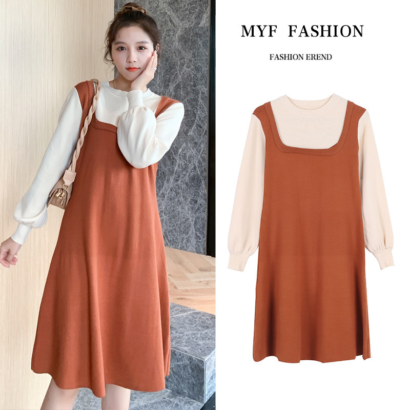 임산부의 가을 겨울 고급 스웨터 드레스 느슨한 가짜 투피스 스티치 유행 연령 감소 유행 어머니의 임산부 니트 드레스