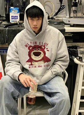 加绒加厚浅灰色连帽卫衣男秋冬美式复古重磅上衣潮牌宽松卡通外套