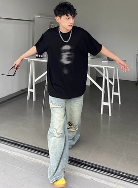 黑色美式人像印花短袖男生t恤夏季重磅纯棉宽松潮牌高街痞帅上衣