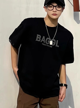 245g重磅纯棉黑色t恤男士短袖宽松夏季新品简约字母潮牌半袖上衣