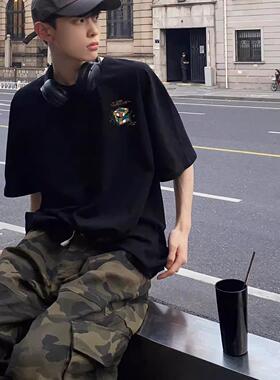 魔方印花黑色纯棉男士短袖t恤男夏季新款潮牌宽松大码休闲上衣ins