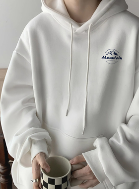 白色连帽卫衣男款秋冬加绒新款oversize宽松美式潮牌重磅情侣外套