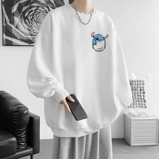 青少年圆领卫衣男秋冬季纯棉2024新款港风潮牌初中生宽松加绒上衣