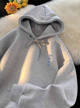 痞帅男生潮流穿搭浅灰色卫衣男装春秋冬季2024新款连帽青少年潮牌