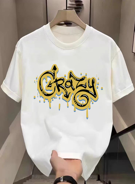 白色纯棉痞帅短袖t恤男夏季新款美式重磅字母体恤宽松百搭上衣ins