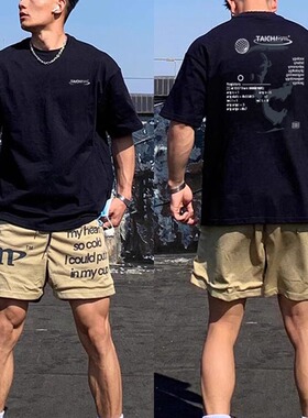 黑色美式重磅纯棉t恤男生短袖宽松夏季青少年潮牌高街半袖上衣服