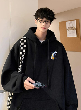 黑色连帽卫衣男士秋冬款重磅痞帅美式潮牌高级感宽松休闲情侣上衣