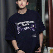 t恤男生夏季 国潮牌美式 纯棉短袖 阴影字母印花重磅宽松上衣TEE