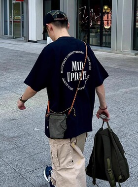 黑色美式字母印花休闲短袖t恤男夏季重磅纯棉潮牌潮流宽松上衣