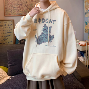 美式潮牌杏色宽松套头连帽卫衣外套男款秋冬加绒韩版卡通印花帽衫
