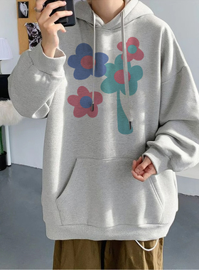 白色加绒加厚oversize宽松连帽卫衣男生宽松慵懒2025秋冬韩版爆款